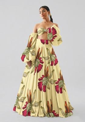 Pastel Yellow Printed Georgette Lehenga Set