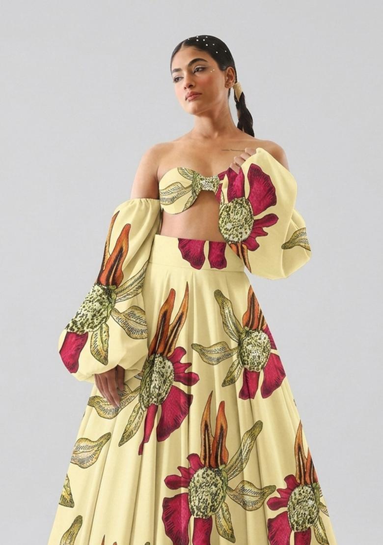 Pastel Yellow Printed Georgette Lehenga Set - Indya