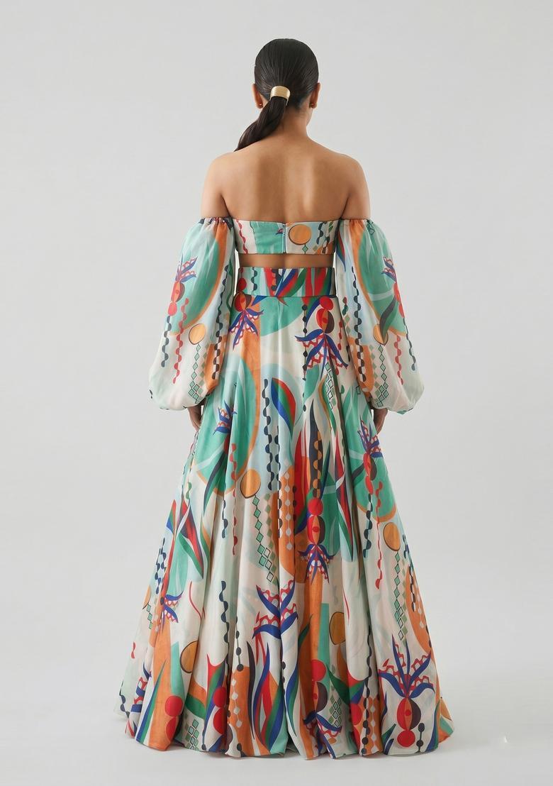 Multicolor Printed Georgette Lehenga Set - Indya