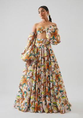 Multicolor Printed Georgette Lehenga Set
