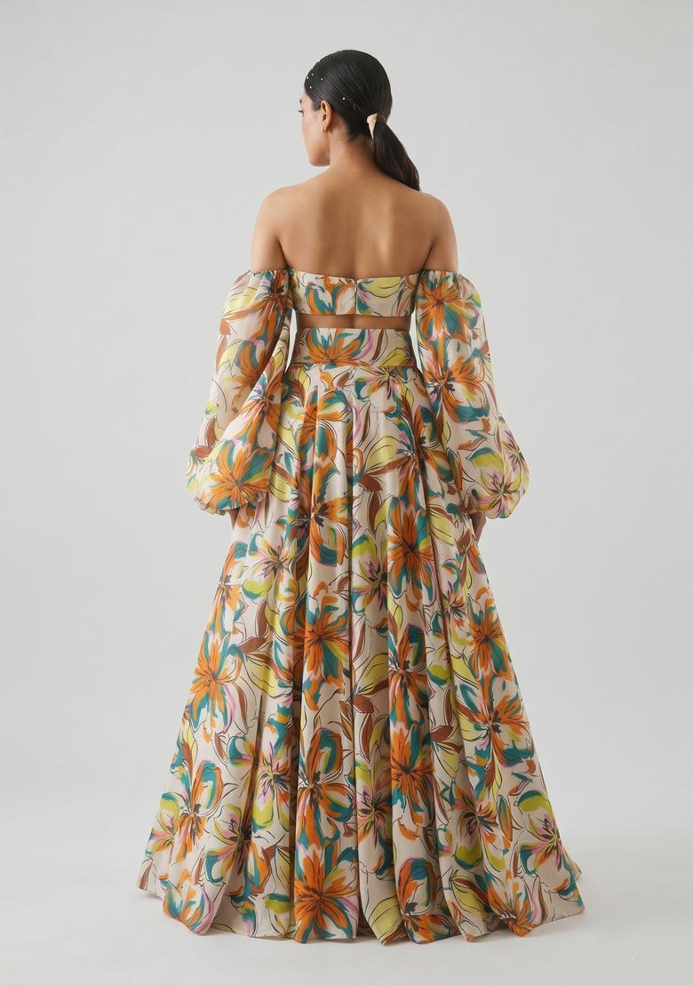 Multicolor Printed Georgette Lehenga Set - Indya