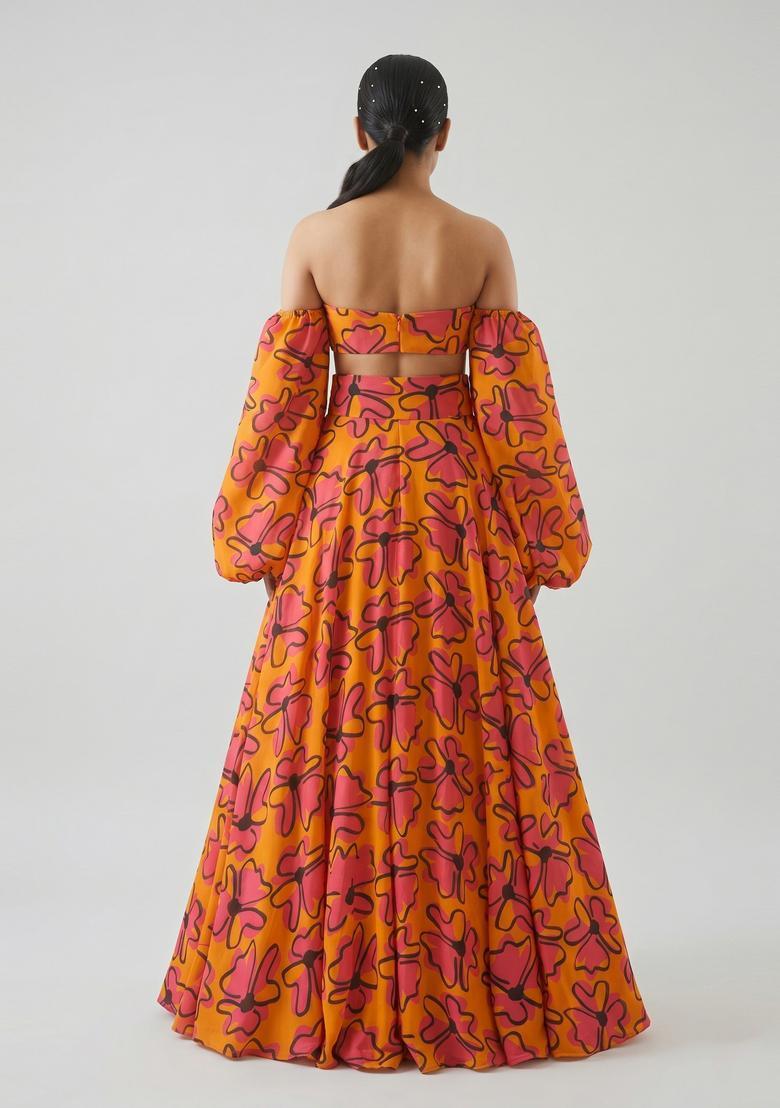 Orange Pink Printed Georgette Lehenga Set - Indya