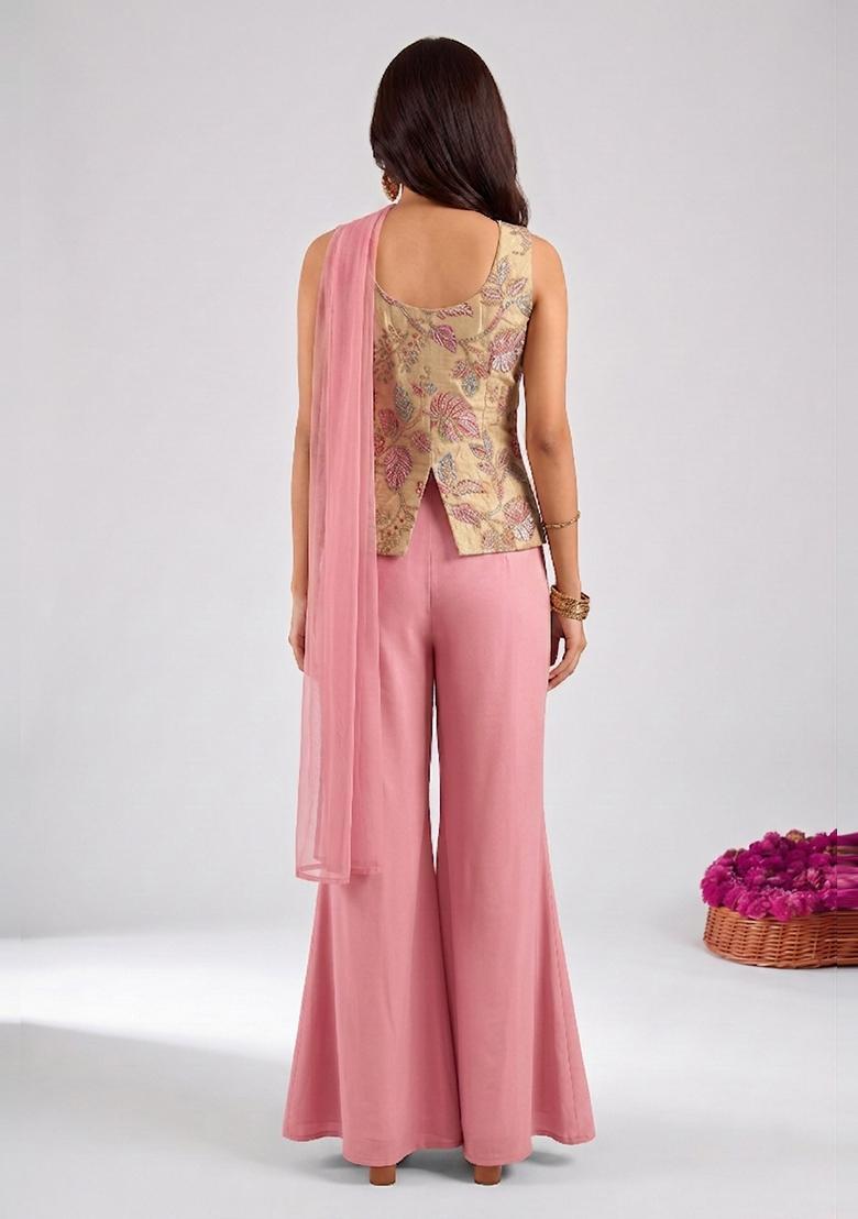 Beige Embroidered Tissue Fusion Set - Indya