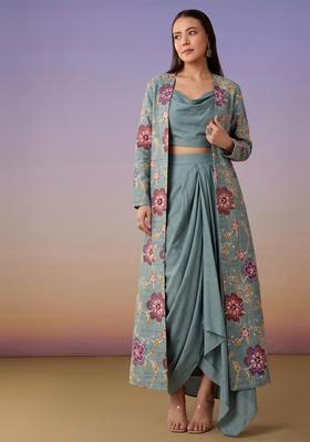 Dusty Blue Printed Chanderi Fusion Set