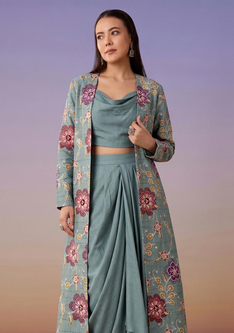 Dusty Blue Printed Chanderi Fusion Set - Indya