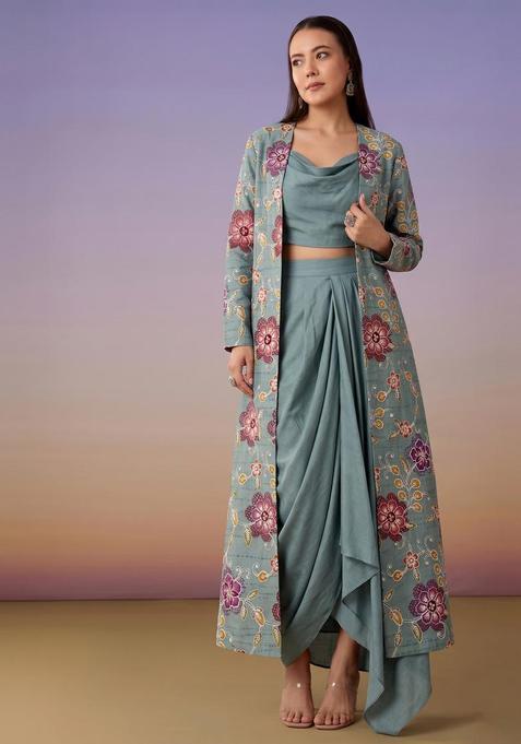 Dusty Blue Printed Chanderi Fusion Set