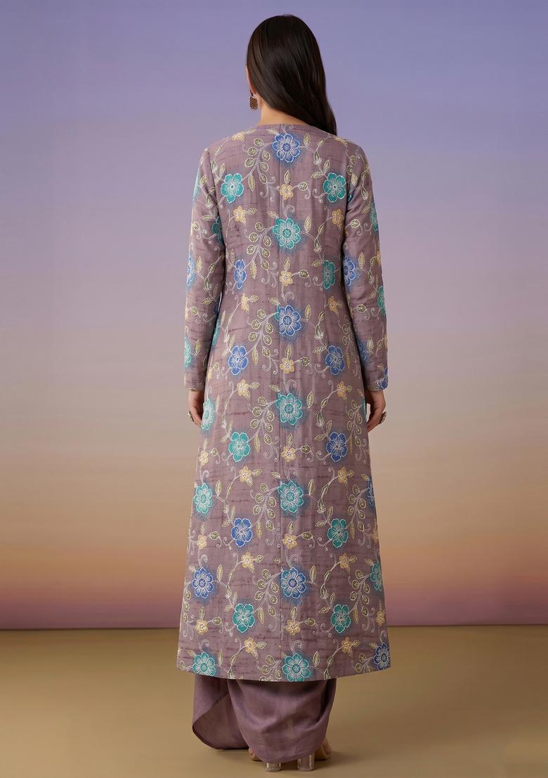 Mauve Embroidered Tissue Fusion Set - Indya