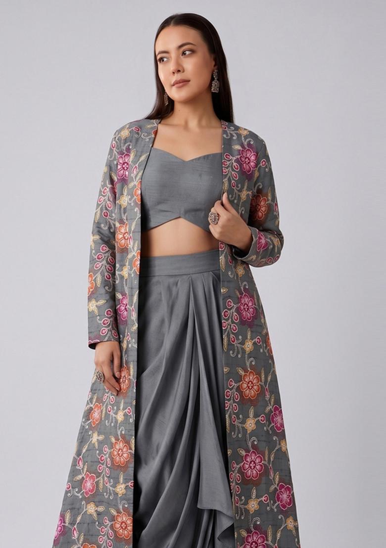 Grey Embroidered Tissue Fusion Set - Indya