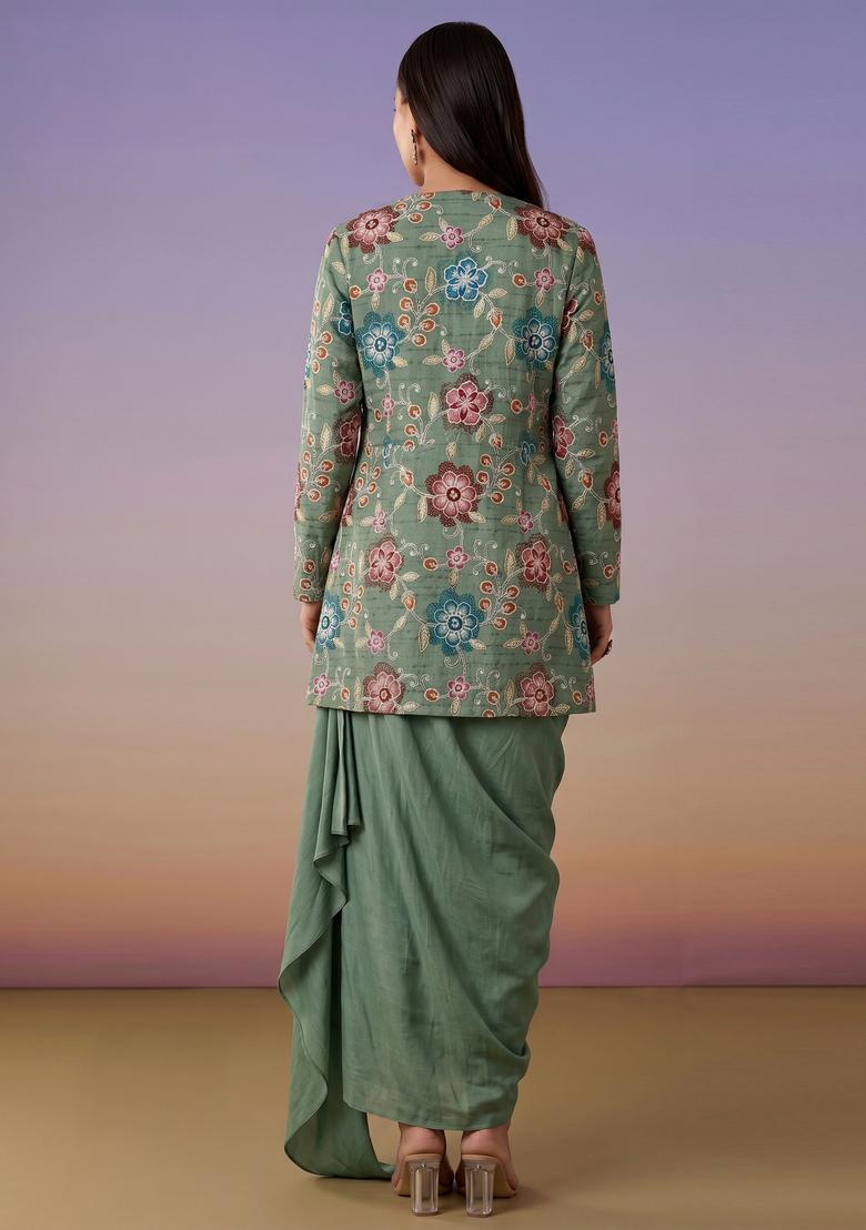 Sage Green Embroidered Tissue Fusion Set - Indya