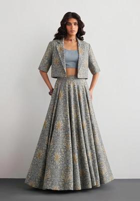 Steel Grey Printed Crepe Fusion Set