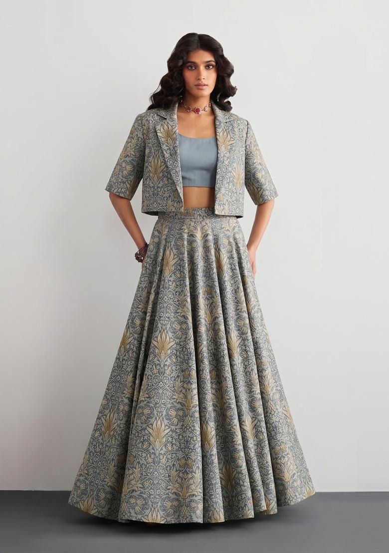 Steel Grey Printed Crepe Fusion Set - Indya