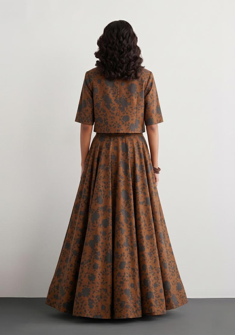 Chocolate Brown Printed Crepe Fusion Set - Indya