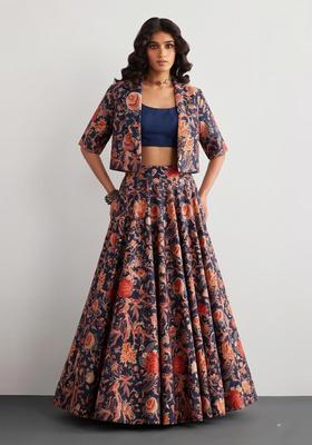 Midnight Blue Printed Crepe Fusion Set