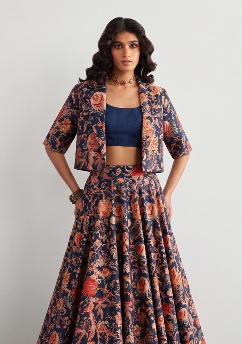 Midnight Blue Printed Crepe Fusion Set - Indya