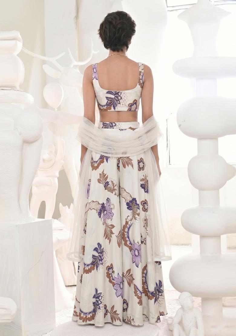 Off White Printed Georgette Fusion Set - Indya