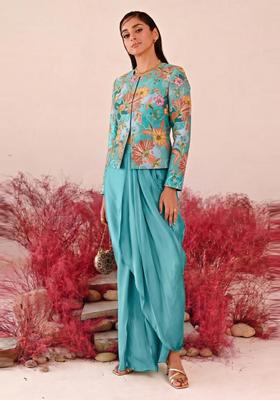Turquoise Embroidered Crepe Fusion Set