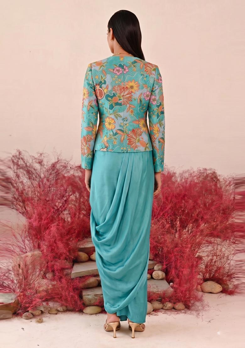 Turquoise Embroidered Crepe Fusion Set - Indya