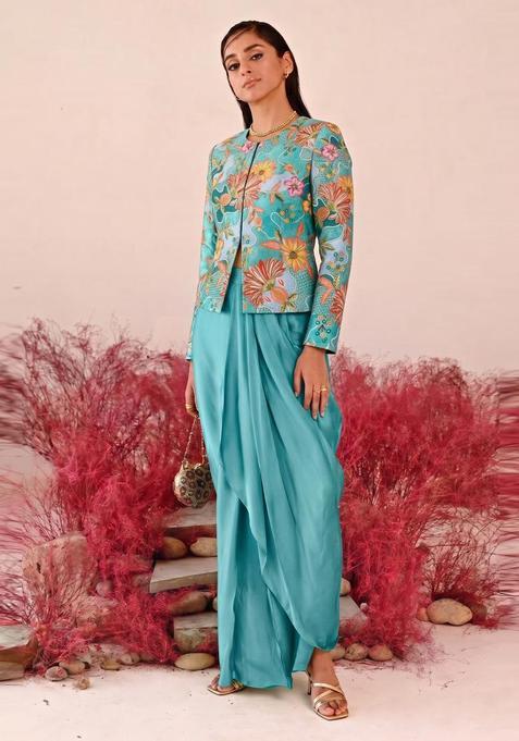 Turquoise Embroidered Crepe Fusion Set