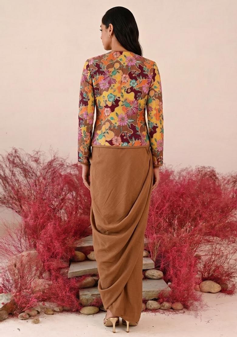Brown Printed Crepe Fusion Set - Indya