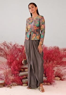 Brown Printed Crepe Fusion Set