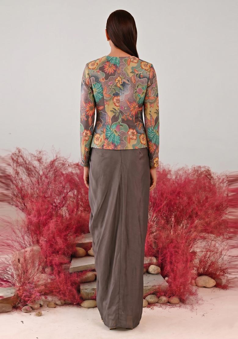 Brown Printed Crepe Fusion Set - Indya
