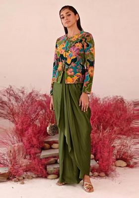 Olive Green Printed Crepe Fusion Set