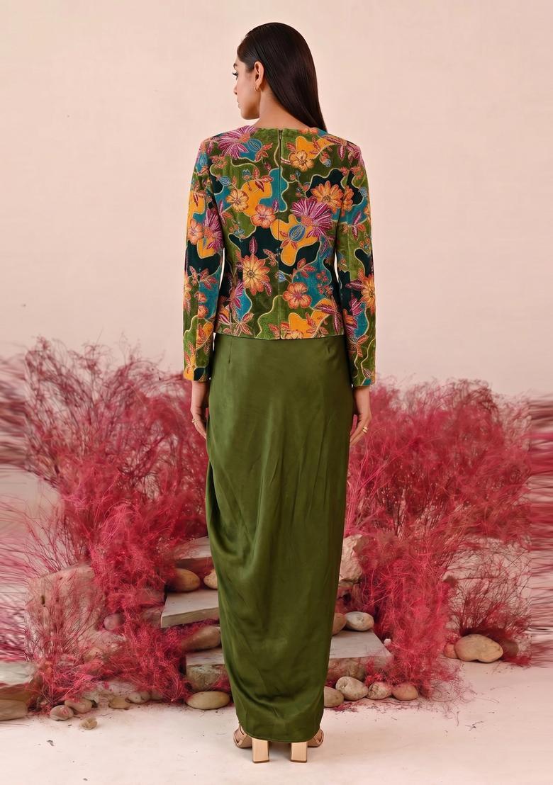 Olive Green Printed Crepe Fusion Set - Indya