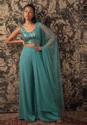 Teal Green Embroidered Net Fusion Set