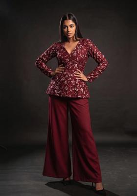 Maroon Embroidered Net Fusion Set