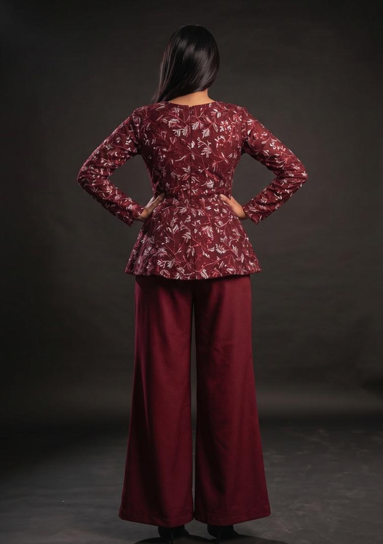 Maroon Embroidered Net Fusion Set - Indya