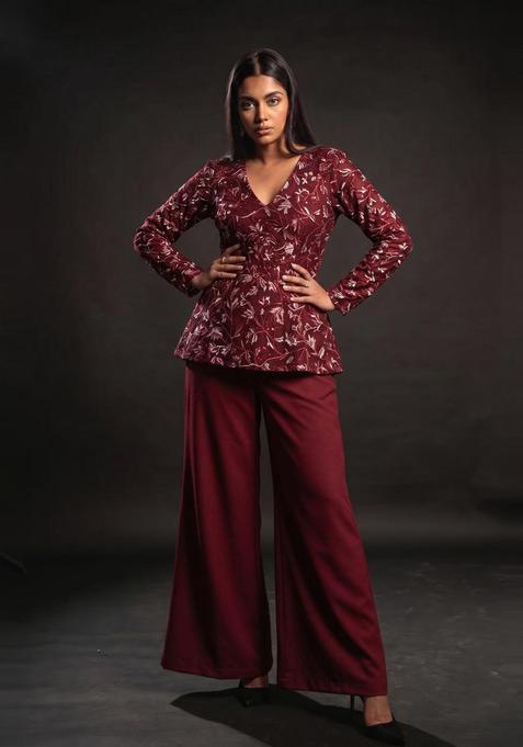 Maroon Embroidered Net Fusion Set