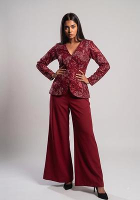 Maroon Embroidered Net Fusion Set