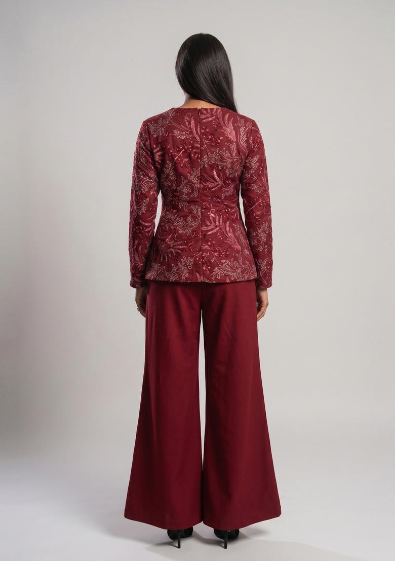 Maroon Embroidered Net Fusion Set - Indya