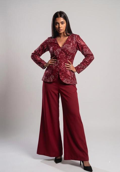 Maroon Embroidered Net Fusion Set