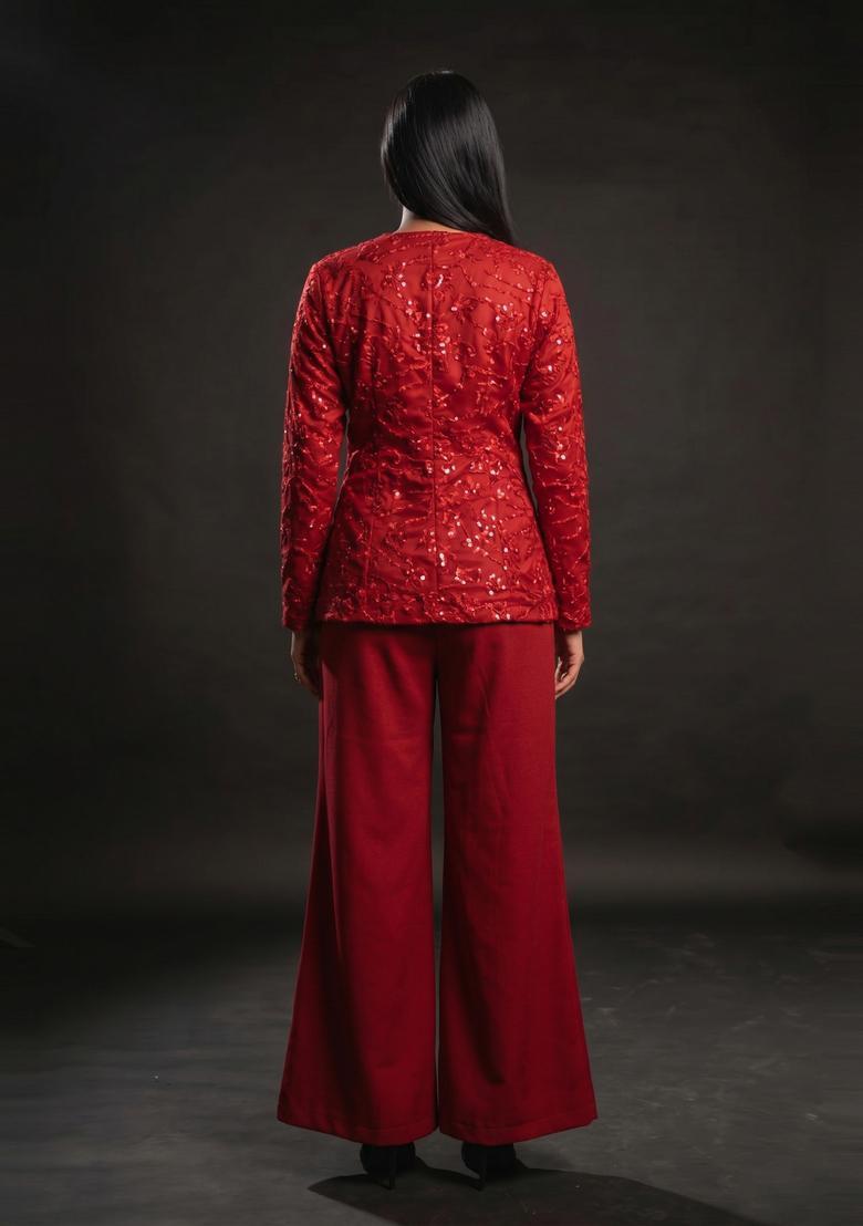 Red Embroidered Net Fusion Set - Indya
