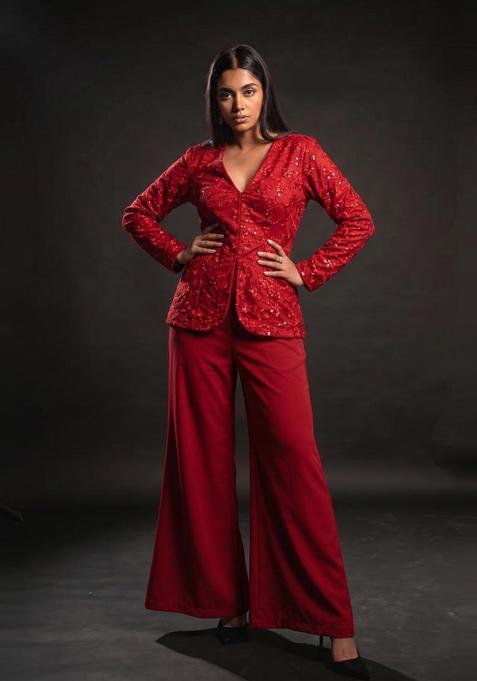 Red Embroidered Net Fusion Set