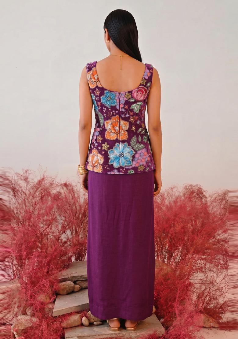 Deep Purple Printed Crepe Fusion Set - Indya
