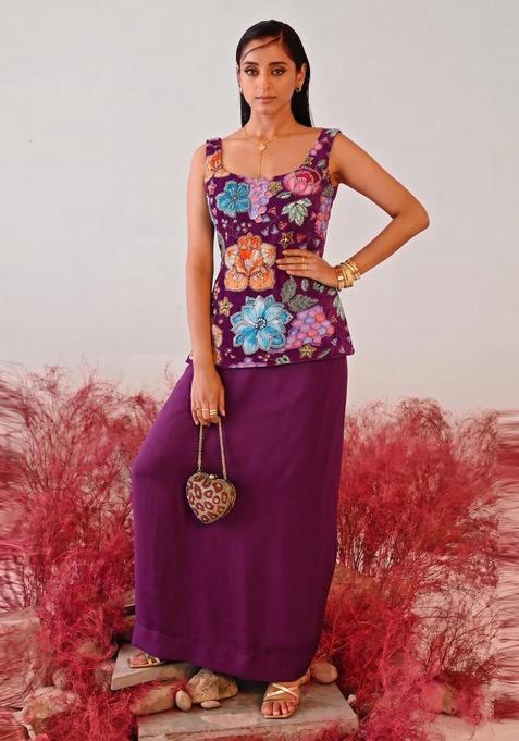 Deep Purple Printed Crepe Fusion Set