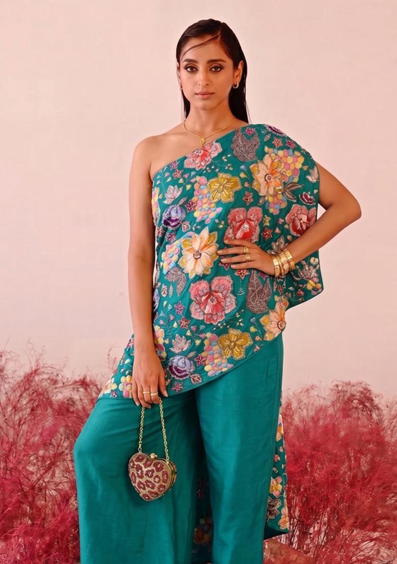 Teal Printed Crepe Fusion Set - Indya