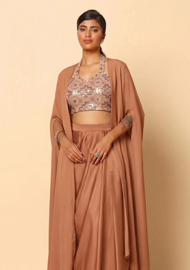 Brown Sequin Net Fusion Set - Indya