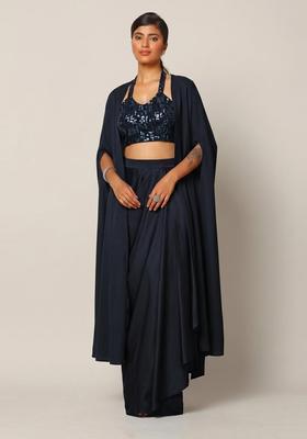 Navy Blue Sequin Net Fusion Set