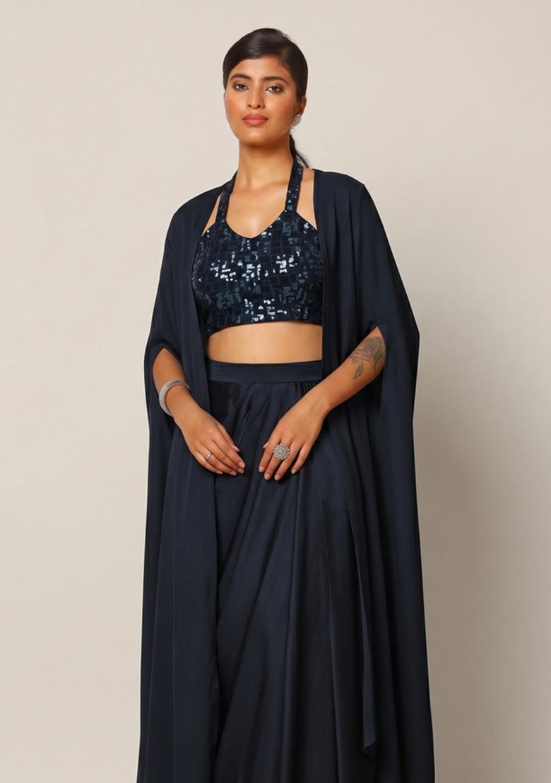 Navy Blue Sequin Net Fusion Set - Indya