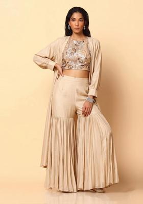 Beige Embroidered Net Fusion Set