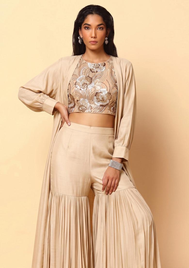 Beige Embroidered Net Fusion Set - Indya