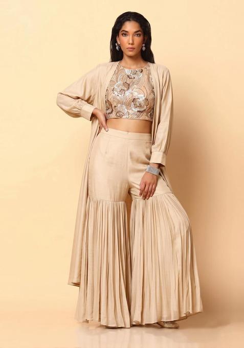 Beige Embroidered Net Fusion Set