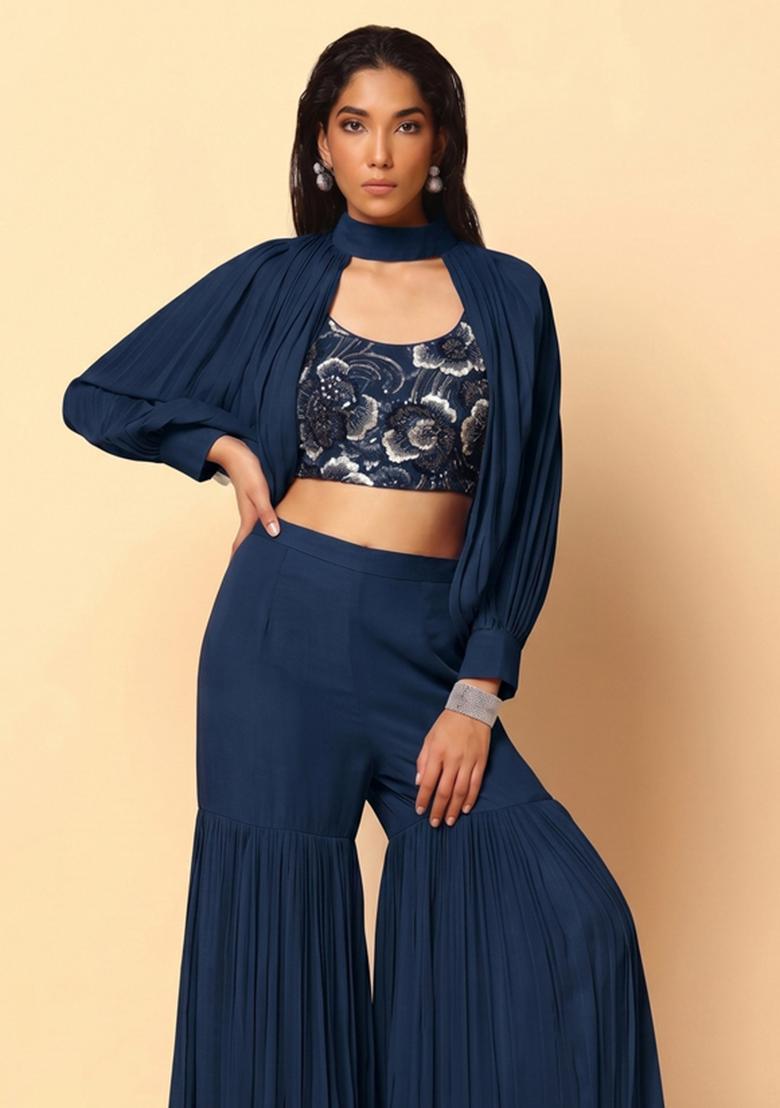 Navy Blue Embroidered Net Fusion Set - Indya