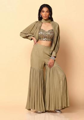 Olive Green Embroidered Net Fusion Set