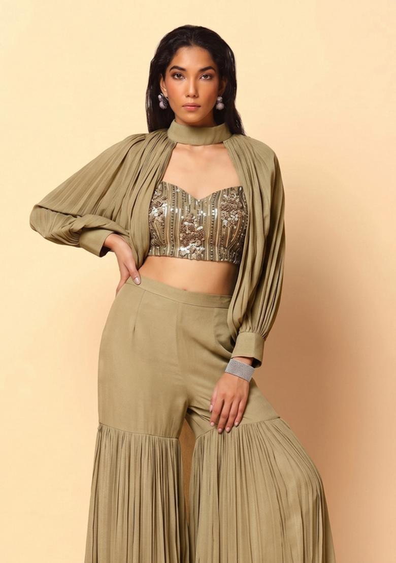 Olive Green Embroidered Net Fusion Set - Indya