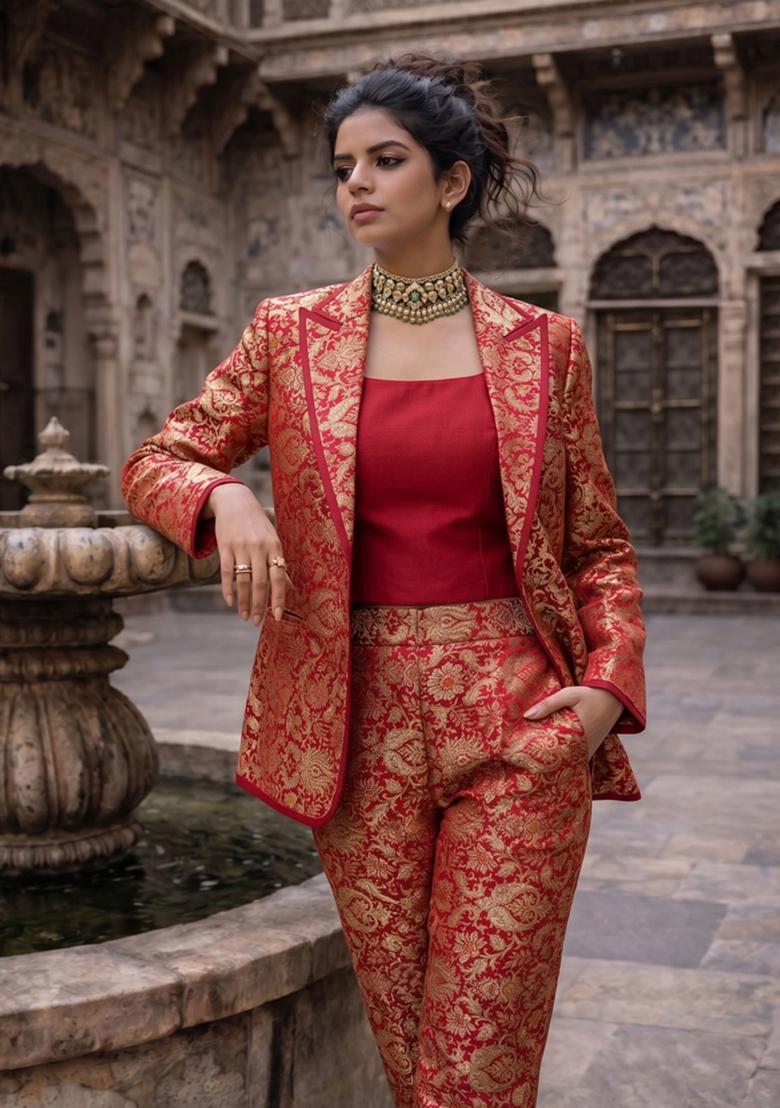 Crimson Red Brocade Fusion Set - Indya