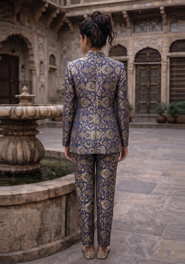 Royal Blue Brocade Fusion Set - Indya